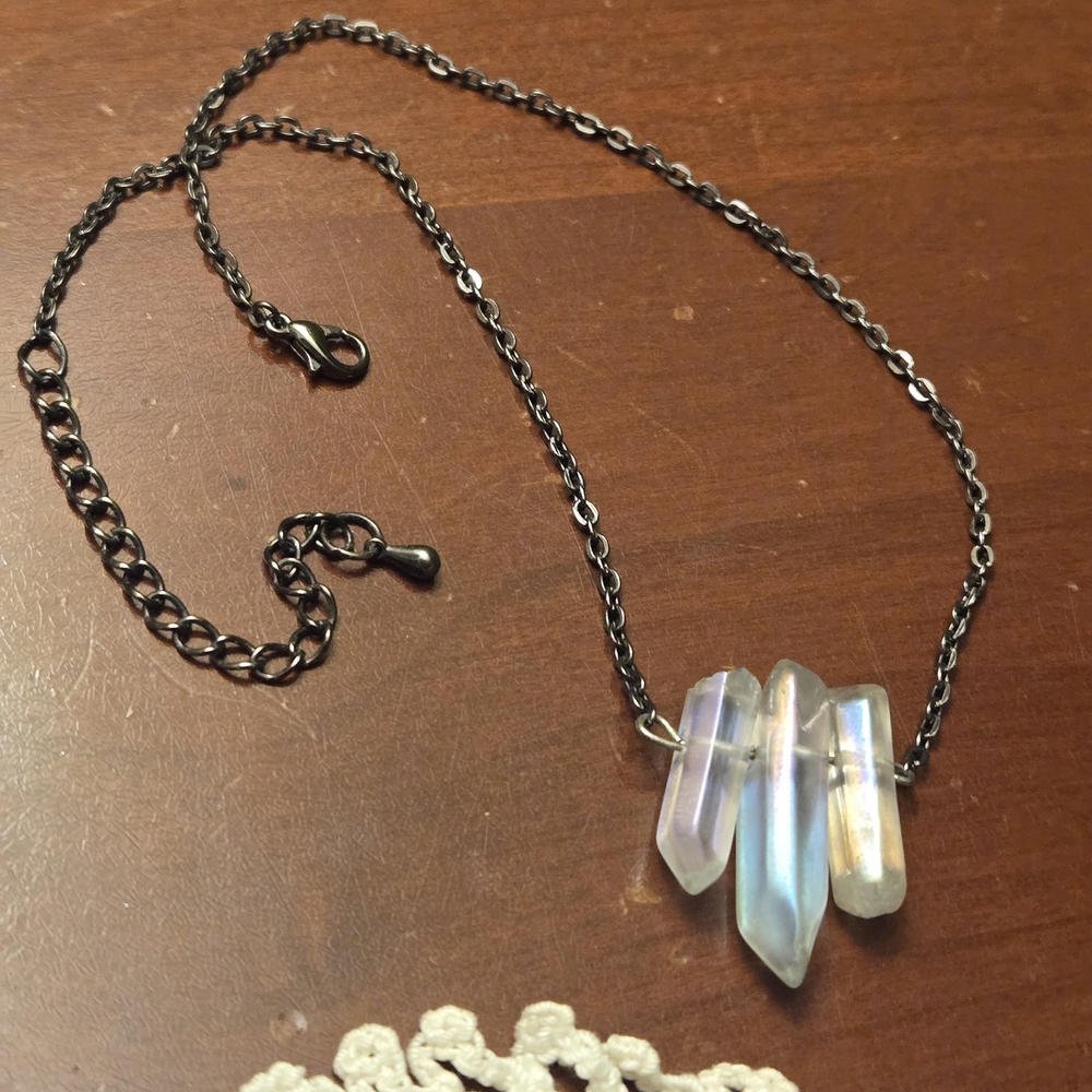 Iridescent Crystal Pendant Necklace - Black Chain